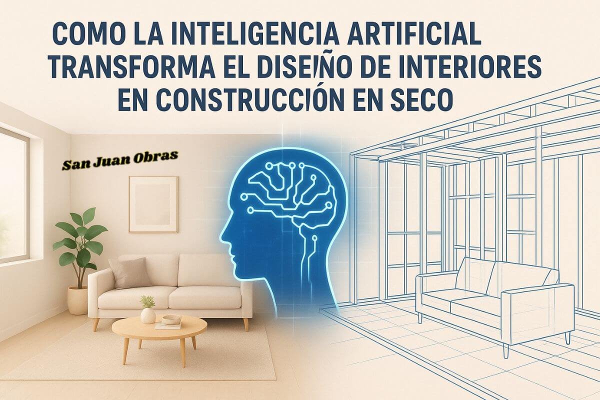 Render digital de un living moderno comparado con estructura de construcción en seco, ilustrando el impacto de la inteligencia artificial en el diseño de interiores.