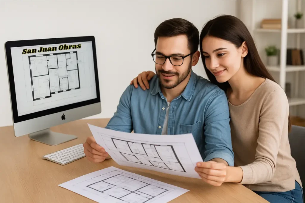Pareja joven revisando planos de construcción frente a una iMac con aplicaciones de inteligencia artificial