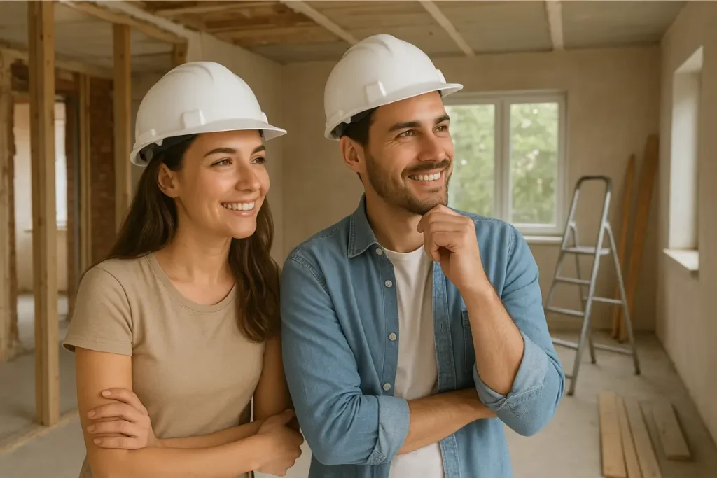 pareja joven con casco planificando remodelación de vivienda en construcción