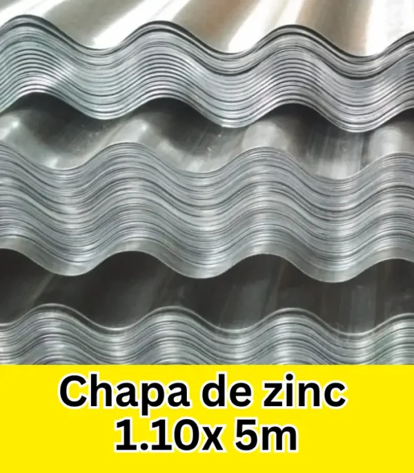 Chapas de zinc onduladas de 1.10 metros de ancho por 5 metros de largo, apiladas para techos y cubiertas resistentes.