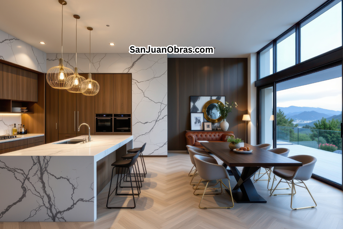 cocina moderna con mesada de mármol blanco y muebles de madera en san juan