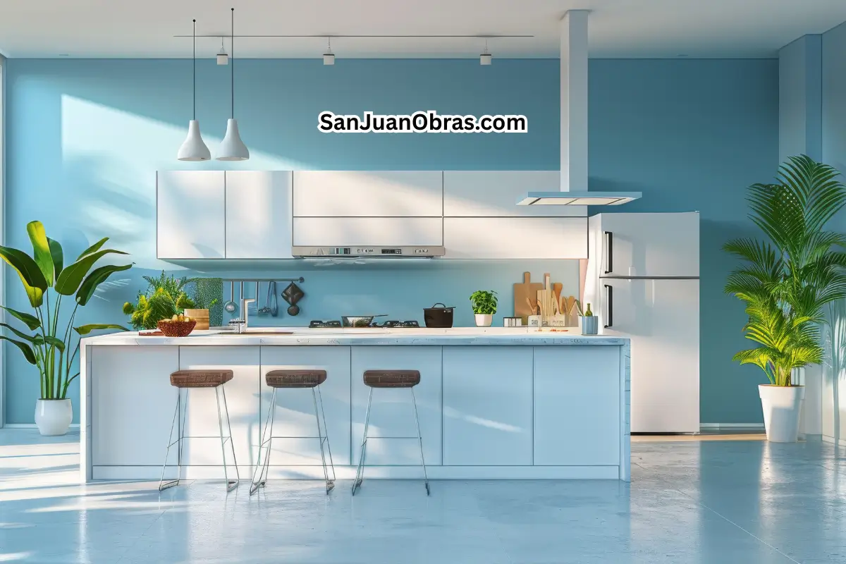 Cocina moderna color azul con barra desayunadora, plantas naturales y gran ventanal – inspiración para remodelar cocinas en San Juan, Argentina.