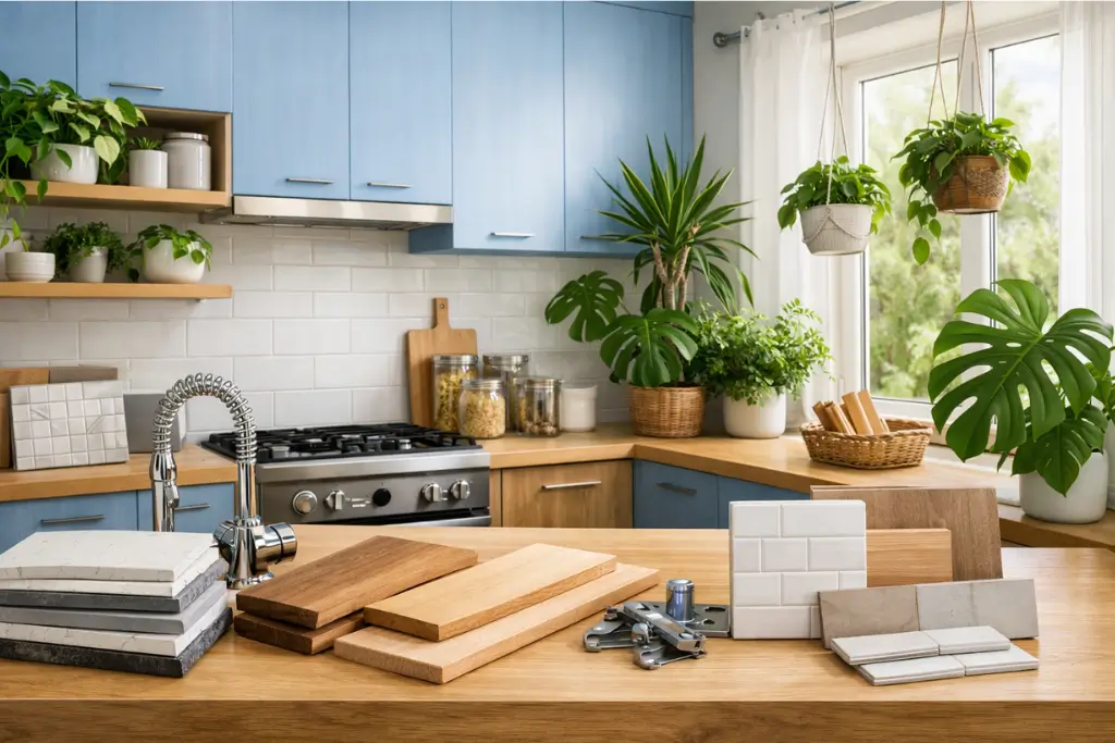 Cocina moderna en San Juan con muebles de madera clara, detalles en azul y plantas naturales como potus y costilla de Adán