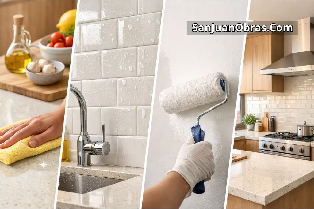 cocina moderna con superficies resistentes y faciles de limpiar como mesada de cuarzo clara ceramicos antihumedad y pintura lavable ideal para clima arido de san juan