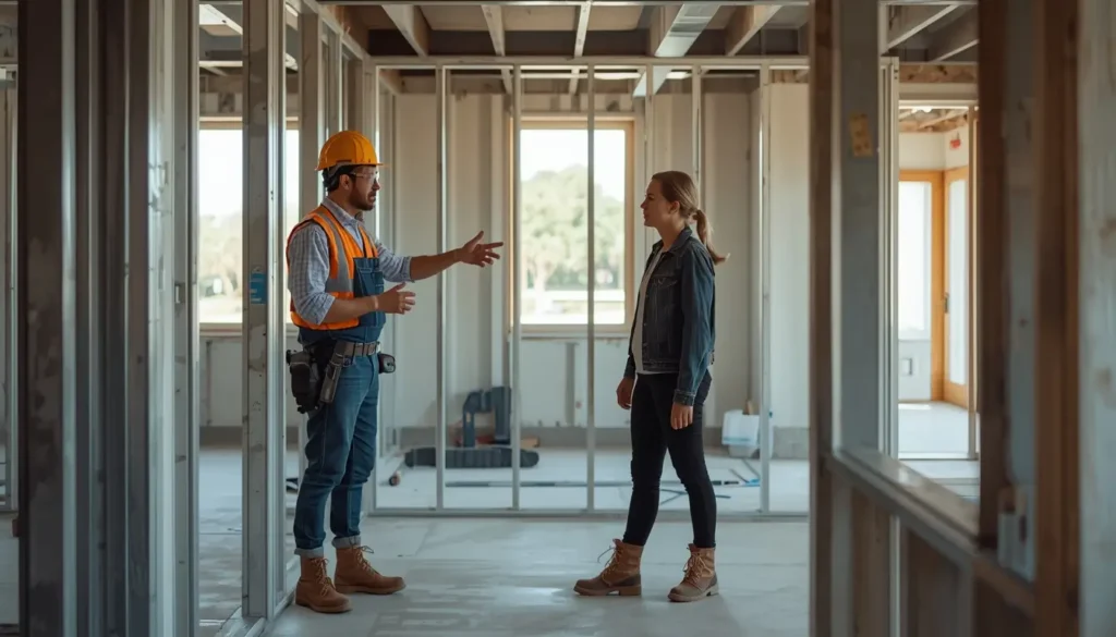 Profesional explicando qué es la construcción en seco durante una obra en San Juan