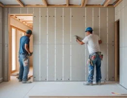 Revisión de pared de construcción en seco antes de cerrar placas en una obra en San Juan
