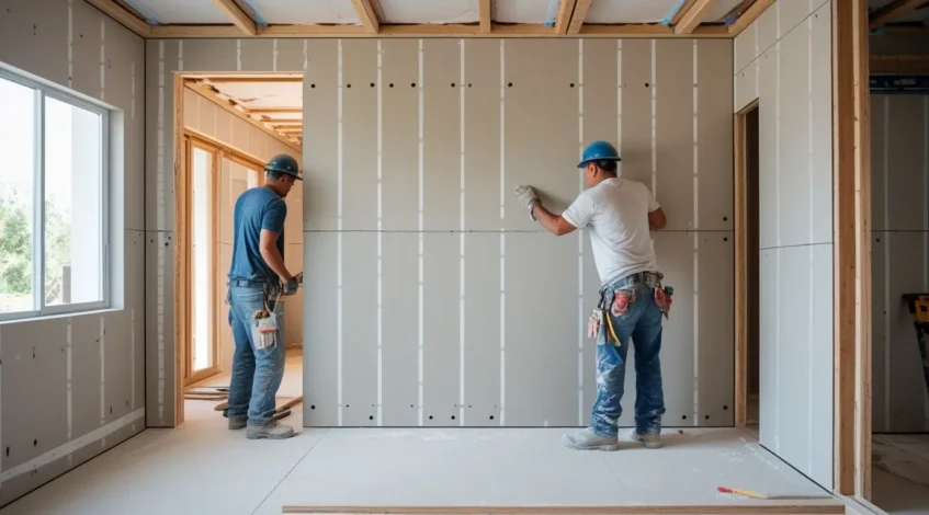 Revisión de pared de construcción en seco antes de cerrar placas en una obra en San Juan